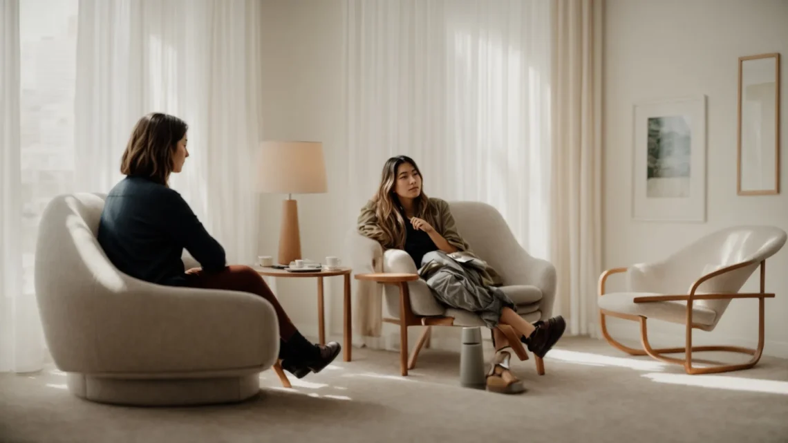 a person sits across from a therapist in a calm, welcoming room, engaging in a deep conversation.