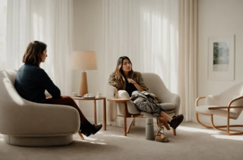 a person sits across from a therapist in a calm, welcoming room, engaging in a deep conversation.