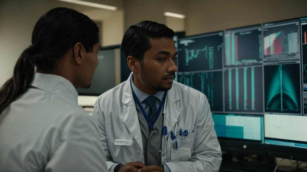 a physician discusses patient care with a colleague in front of a computer screen displaying medical software.