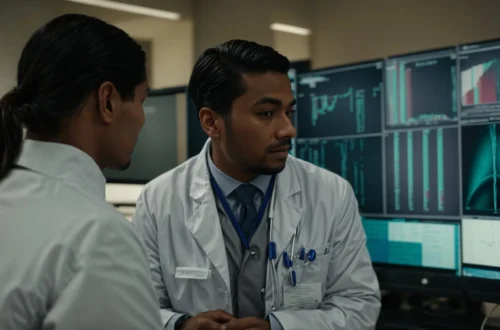 a physician discusses patient care with a colleague in front of a computer screen displaying medical software.