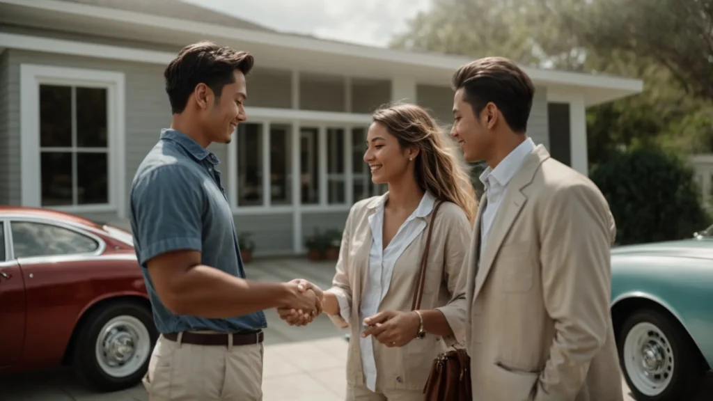 a young couple is shaking hands with a real estate agent in front of a new house.