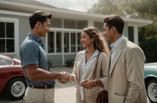 a young couple is shaking hands with a real estate agent in front of a new house.