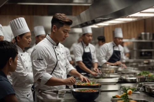 a chef teaching a group of students in a professional kitchen, with each student standing in front of their own cooking station.