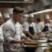 a chef teaching a group of students in a professional kitchen, with each student standing in front of their own cooking station.