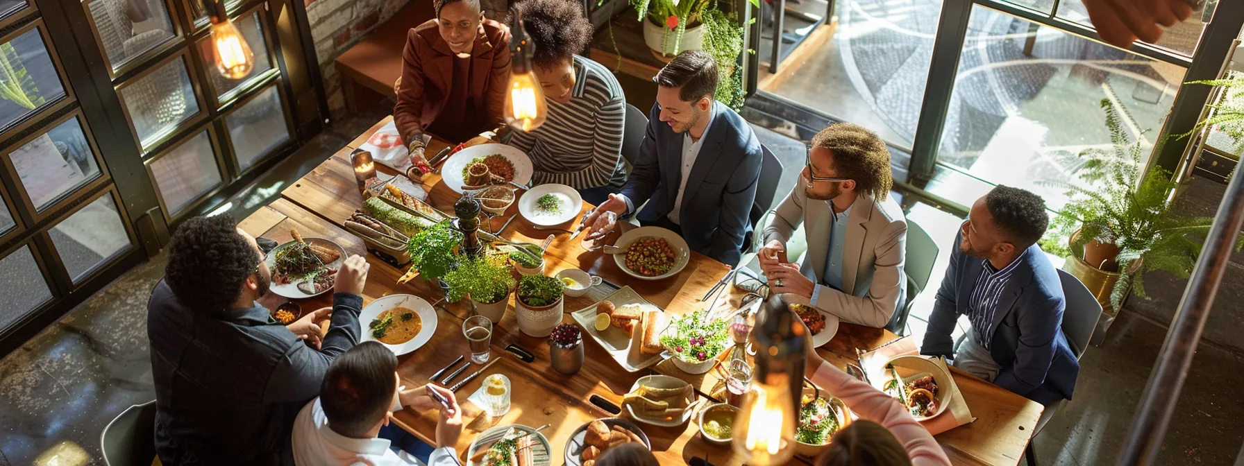 a group of business professionals gathered around a table discussing the benefits of taking cooking classes from nyc chefs.