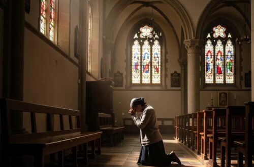 Person in prayer in a church, reflecting on religious vocation discernment
