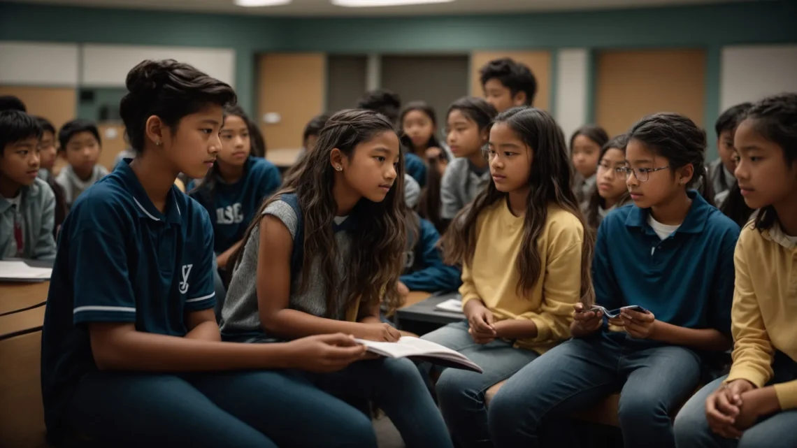 a group of middle school students engaged in a group decision-making activity during an honor society meeting.
