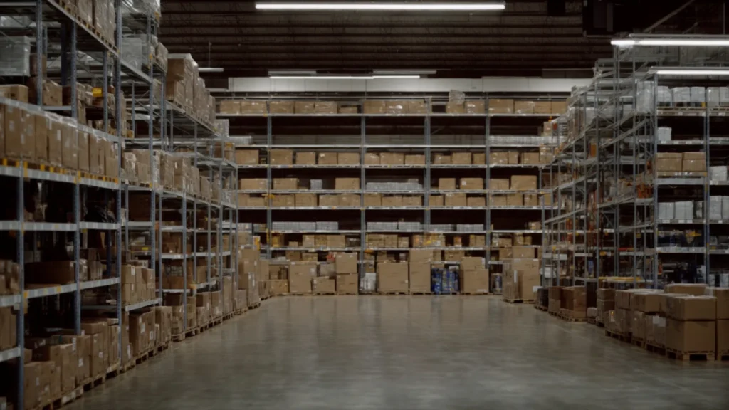 rows of shelves stocked with uniform boxes in a vast, organized warehouse, illuminated by overhead lights.