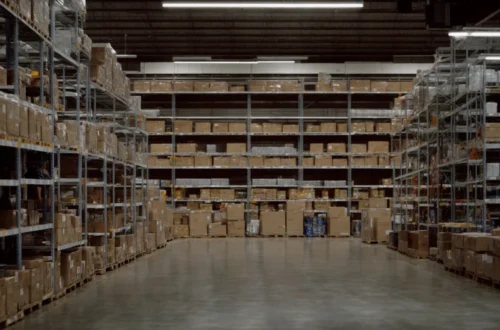 rows of shelves stocked with uniform boxes in a vast, organized warehouse, illuminated by overhead lights.