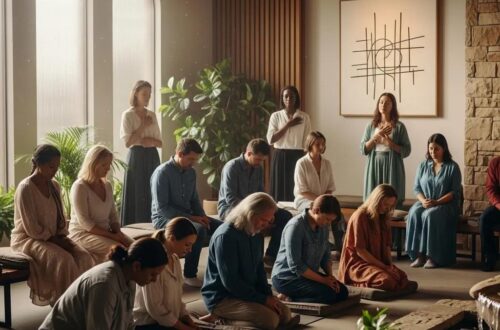 Group of individuals in prayer reflecting on their religious vocation in a serene setting