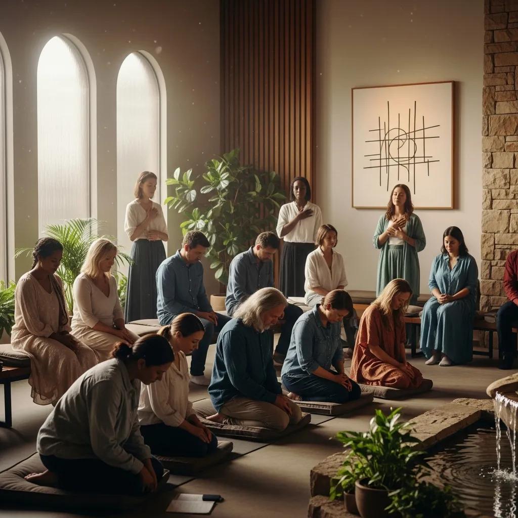 Group of individuals in prayer reflecting on their religious vocation in a serene setting