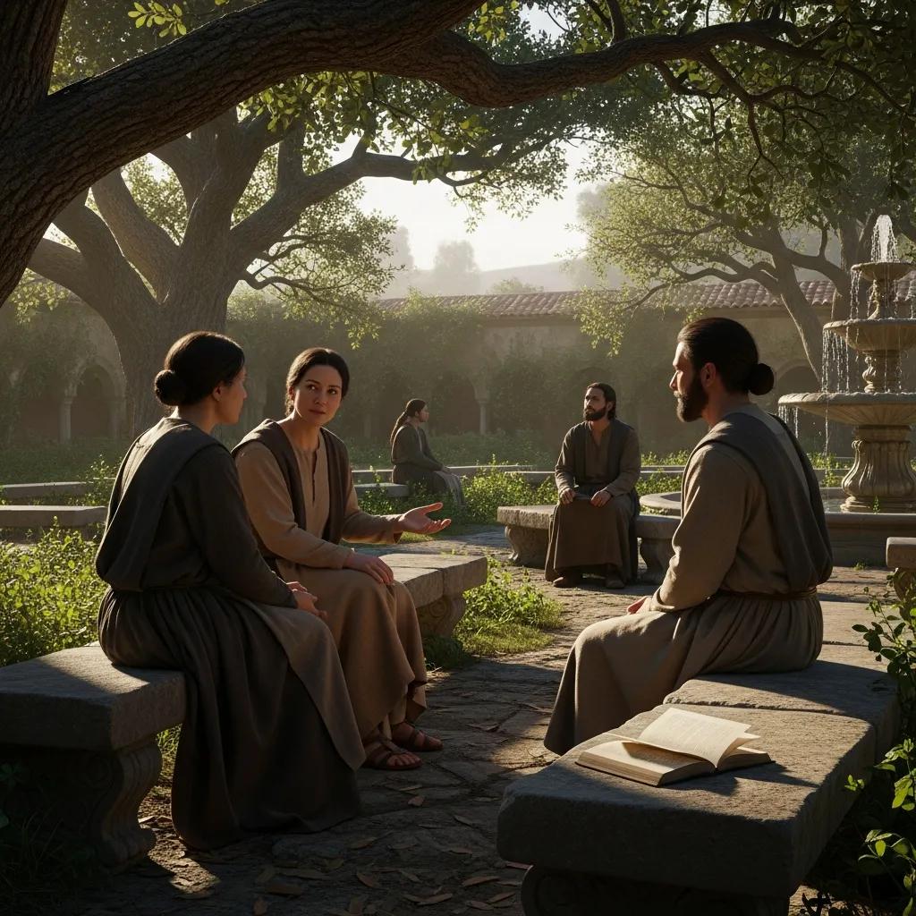 Individuals discussing Augustinian spirituality in a peaceful outdoor environment